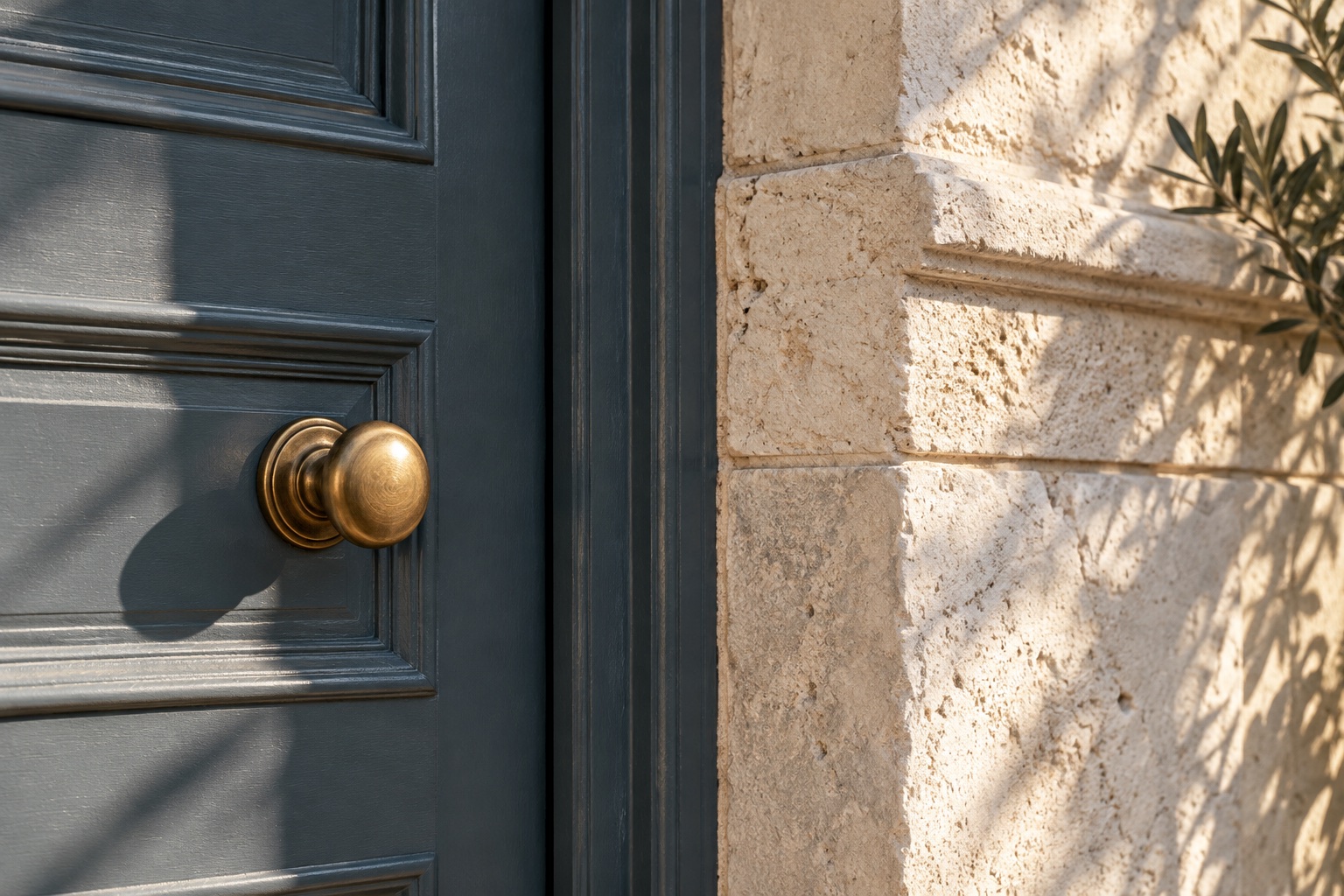 Illustrative sunlight on a slate door and stone wall; not this store